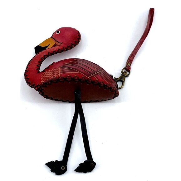 Flamingo Wristlet Leather Purse Figural Hand Crafted Tooled Overstitched 5 x 5" - Picture 5 of 11